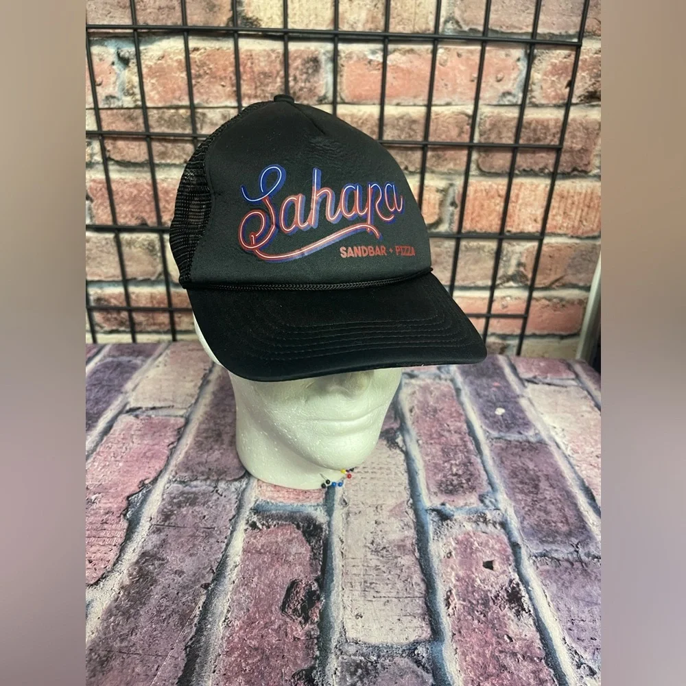 Black trucker hat “Sahara Sandbar & Pizza” adjustable size snap back